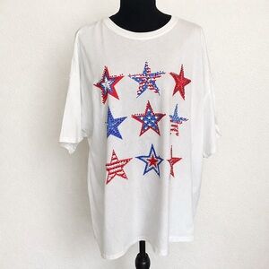 Fantastic Fawn Rhinestone American Stars Oversized Tee Patriotic White M